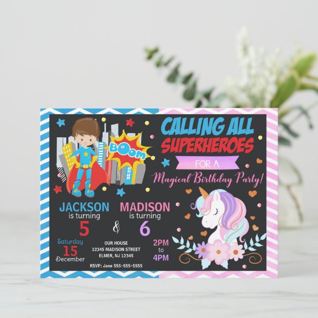 Superhero & Unicorn Joint Birthday Invitation (Standing Front)