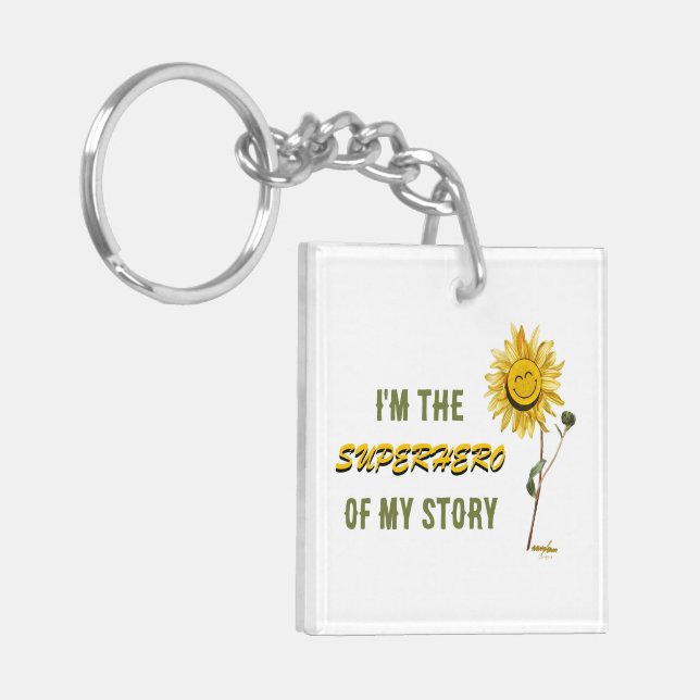 Superhero White Acrylic Keychain By Adiela Akoo (Front Left)