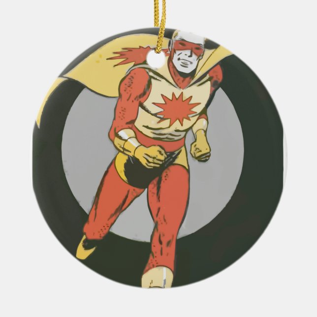 Superhero with Blast Symbol running Ceramic Tree Decoration (Front)