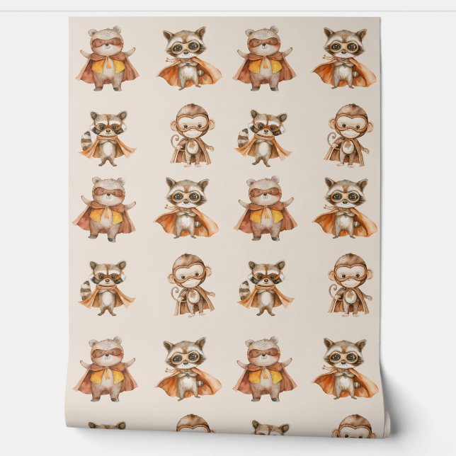 Superhero Woodland Animals Neutral Boys Wallpaper (Unrolling)