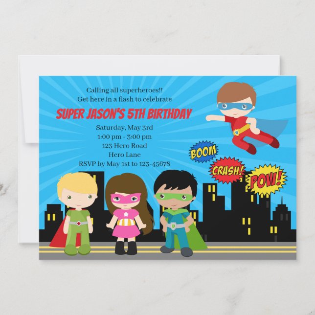 Superheroes Birthday Invitations (Bright Colour) (Front)
