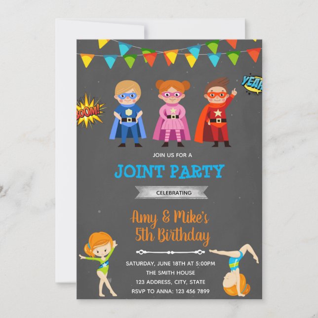 Superheroes gymnastic joint party invitation (Front)