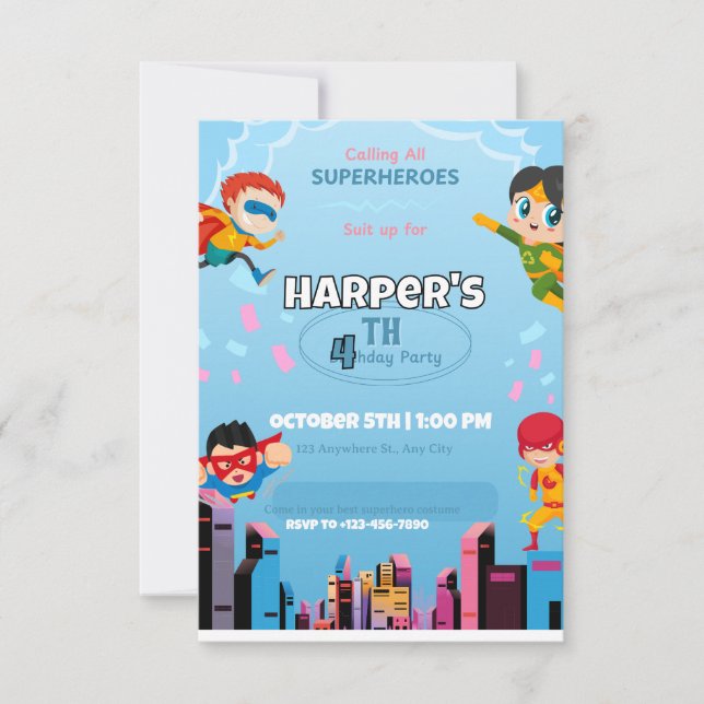 Superheroes Party Superhero Costume Kids Birthday  Invitation (Front)