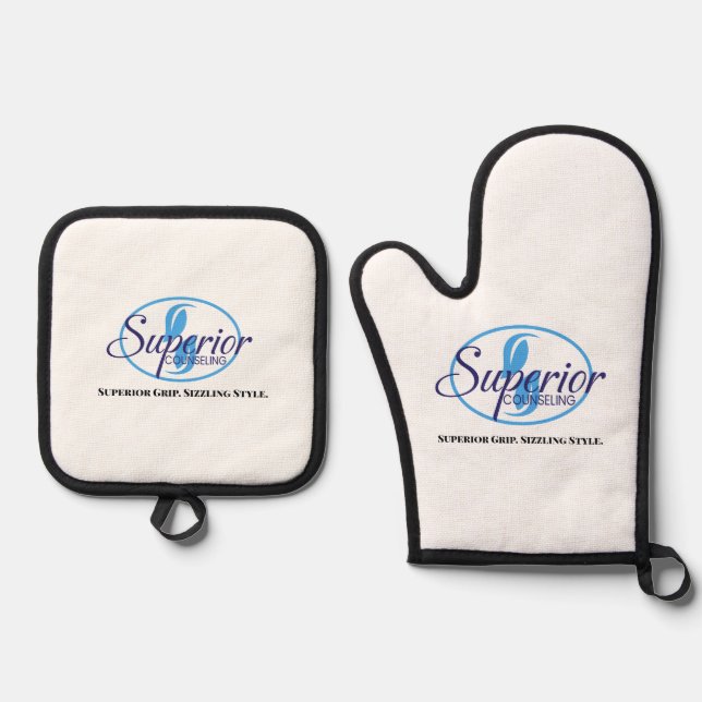 “Superior Grip. Sizzling Style.” Oven Mitt & Pot Holder Set (Front)