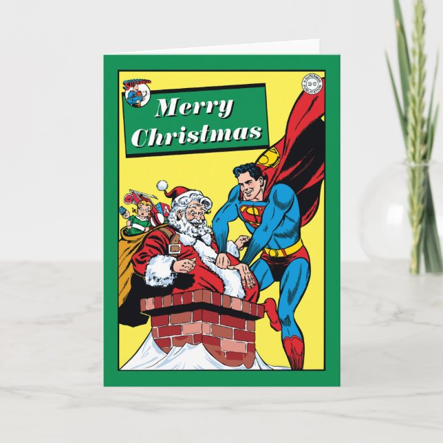 Superman Helping Santa Claus Down The Chimney Holiday Card (Front)