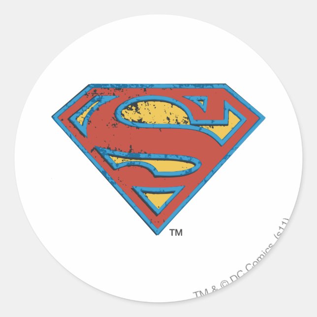 Superman S-Shield | Blue Outline Grunge Logo Classic Round Sticker (Front)