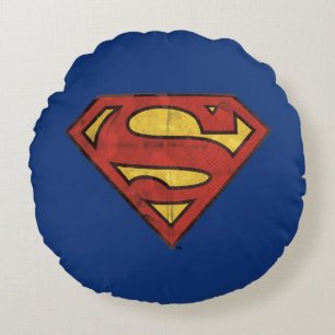Superman S-Shield   Grunge Black Outline Logo Round Cushion