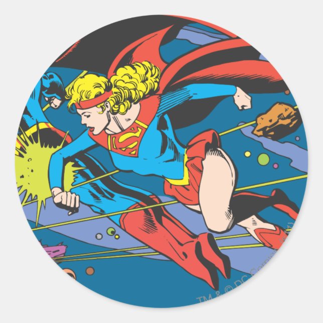 Superman & Supergirl Flying Classic Round Sticker (Front)