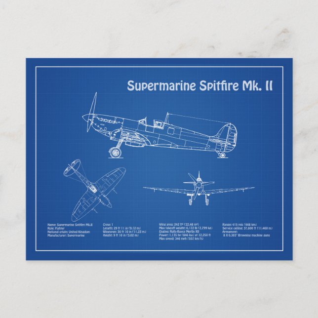 Supermarine Spitfire - Aeroplane Blueprint AD Postcard (Front)