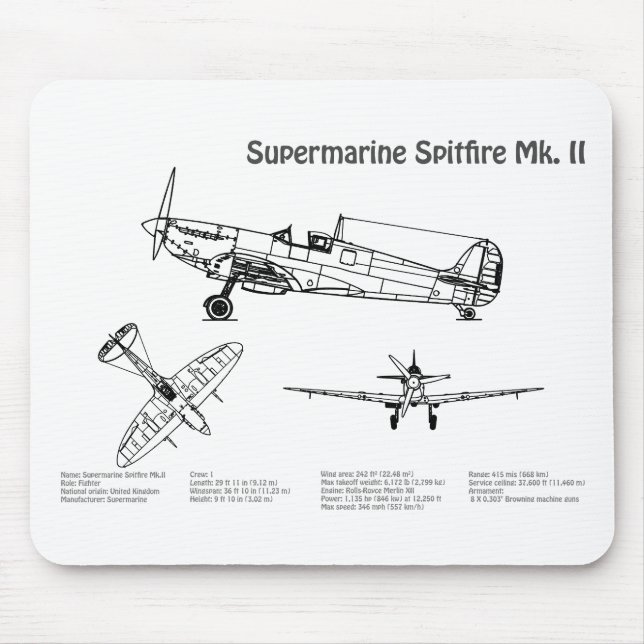 Supermarine Spitfire - Aeroplane Blueprint BD Mouse Pad (Front)