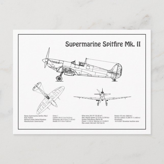 Supermarine Spitfire - Aeroplane Blueprint BD Postcard (Front)