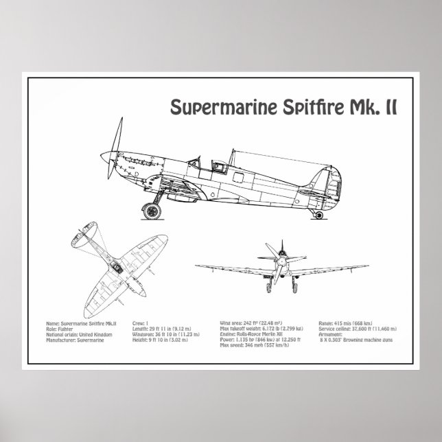 Supermarine Spitfire - Aeroplane Blueprint BD Poster (Front)
