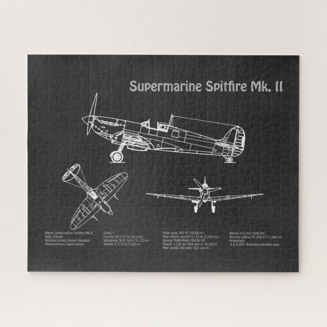 Supermarine Spitfire - Aeroplane Blueprint PD Jigsaw Puzzle (Horizontal)