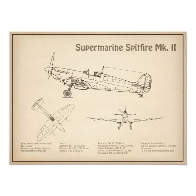 Supermarine Spitfire - Aeroplane Blueprint SD Photo Print (Front)
