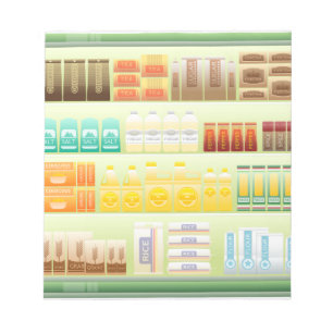 supermarket shelf coffee tea grains notepad
