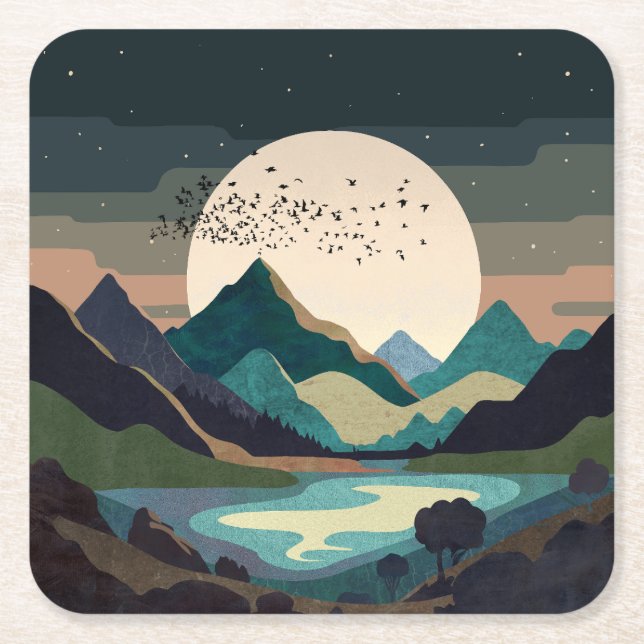 Supermoon On The Lake Square Paper Coaster (Front)