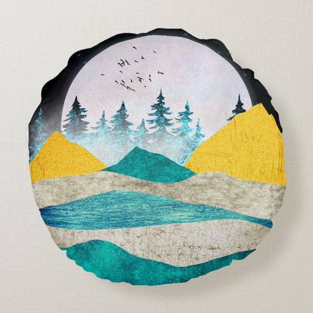 Supermoon Rising Landscape Round Cushion (Back)