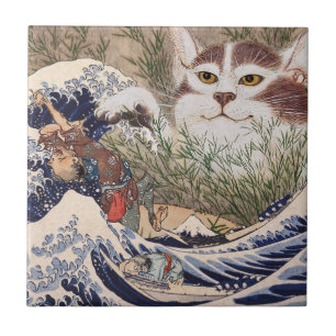 Supernatural Cat at the Great Wave Ceramic Tile
