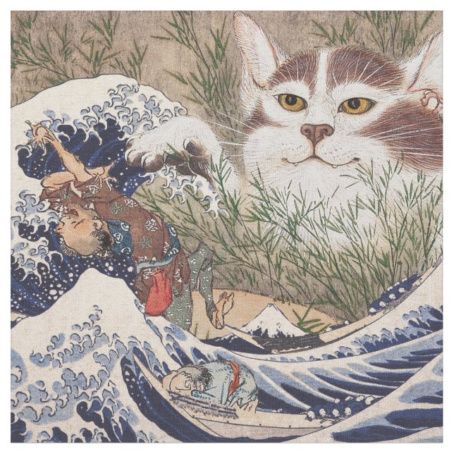 Supernatural Cat at the Great Wave Fabric (Close Up)