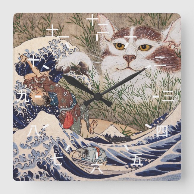 Supernatural Cat at the Great Wave Square Wall Clock (Front)