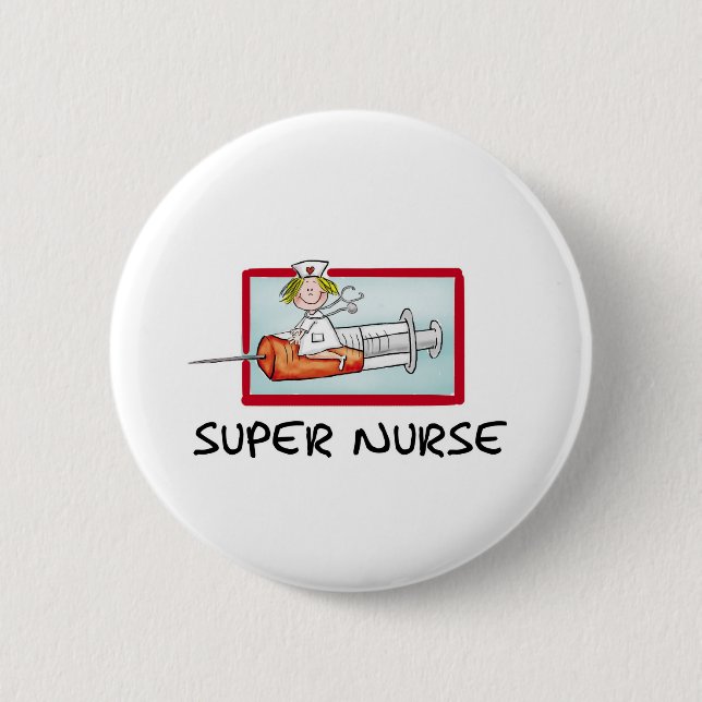 supernurse - Humourous Cartoon Nurse on Syringe. 6 Cm Round Badge (Front)