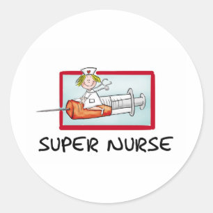 supernurse - Humourous Cartoon Nurse on Syringe. Classic Round Sticker