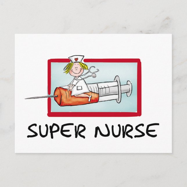 supernurse - Humourous Cartoon Nurse on Syringe. Postcard (Front)