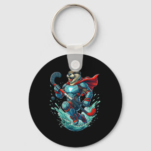 Superpowered Otter Warrior With Hockey Stick Key Ring