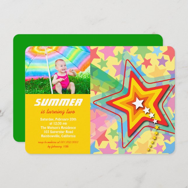 Superstar Rainbow Colourful Birthday Party Invite (Front/Back)