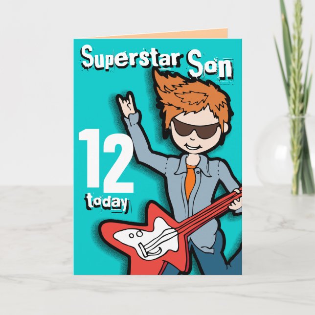Superstar Son 12th birthday aqua boy card (Front)