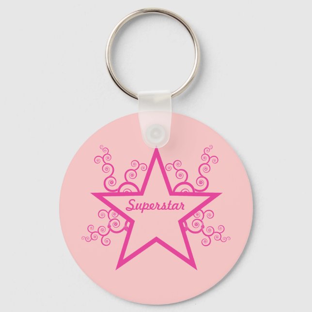 Superstar Swirls Keychain, Bright Pink Key Ring (Front)