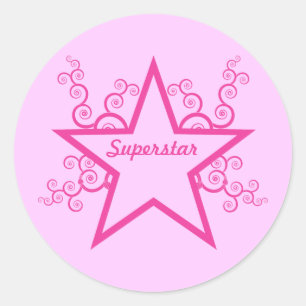 Superstar Swirls Stickers, Bright Pink Classic Round Sticker