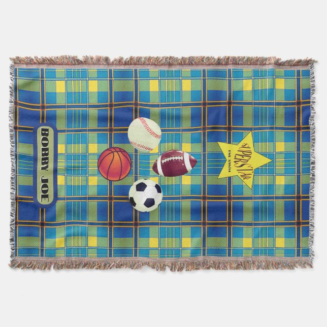Superstar Yellow Blue Plaid Throw Blanket (Front)