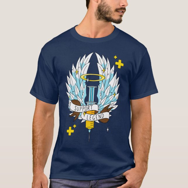 Support Legend Gamer Yellow Winged Syringe Cartoon T-Shirt (Front)