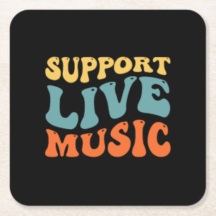 Support Live Music - Retro Typography Band Merch Square Paper Coaster