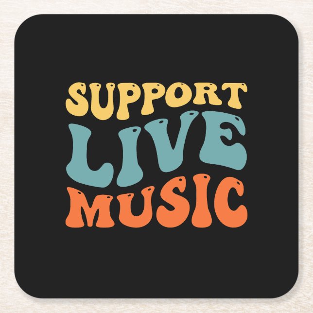 Support Live Music - Retro Typography Band Merch Square Paper Coaster (Front)