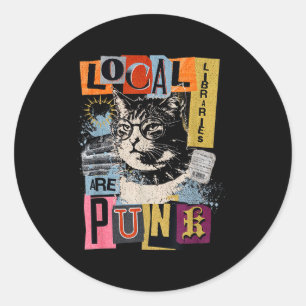Support local library funny cat reading book y2k classic round sticker