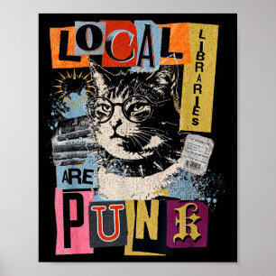 Support local library funny cat reading book y2k poster