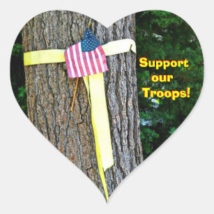 Support Our Troops Heart  Yellow Ribbon Round Tree Heart Sticker