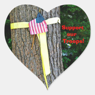 Support Our Troops Heart  Yellow Ribbon Round Tree Heart Sticker