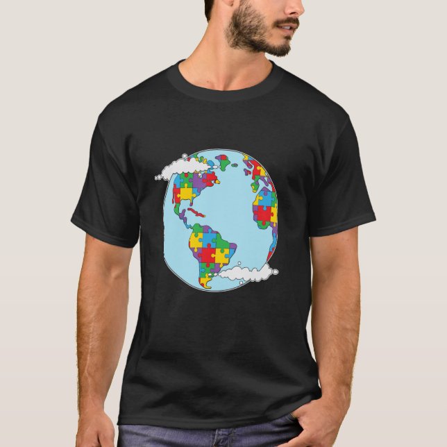 Support Pride Autism Awareness World Map puzzle pi T-Shirt (Front)