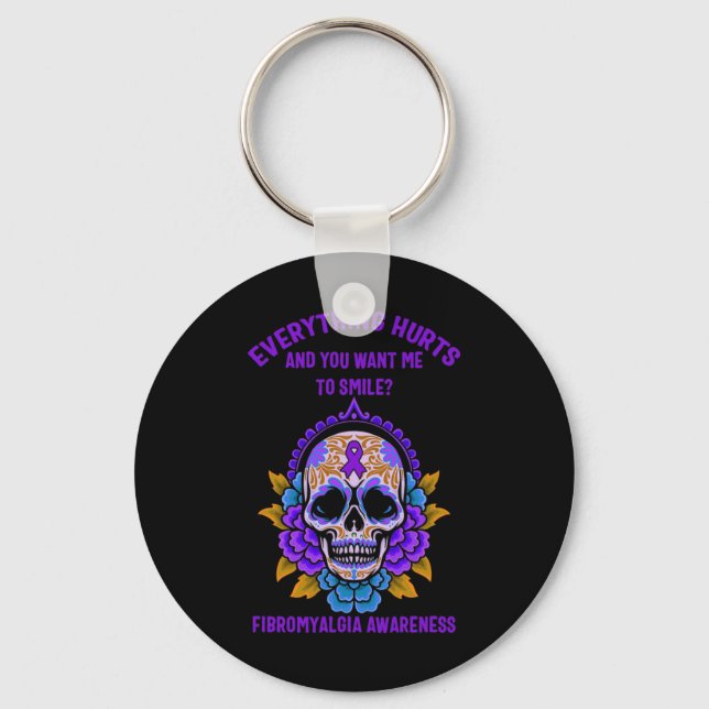 Support Purple Ribbon Fibromyalgia Awareness Skull Key Ring (Front)