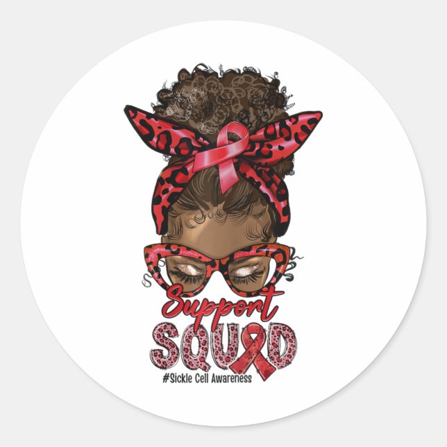 Support Squad Afro Messy Bun Leopard Sickle Cell A Classic Round Sticker (Front)