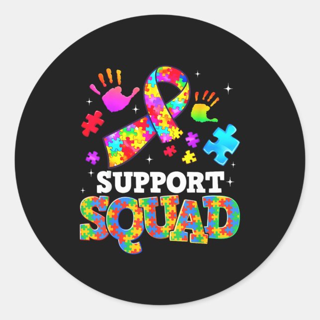 Support Squad Autism Awareness Ribbon Family Men W Classic Round Sticker (Front)