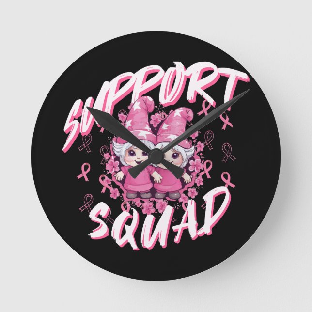 Support Squad Gnome Warrior Breast Cancer Awarenes Round Clock (Front)