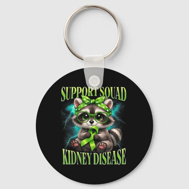 Support Squad Kidney Disease Racoon Green Ribbon Key Ring (Front)
