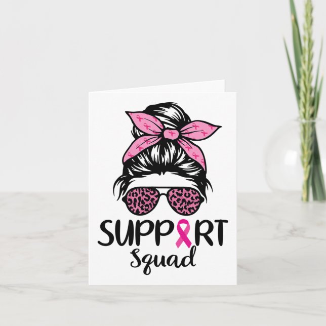 Support Squad Messy Bun Leopard Pink Breast Cancer Card (Front)