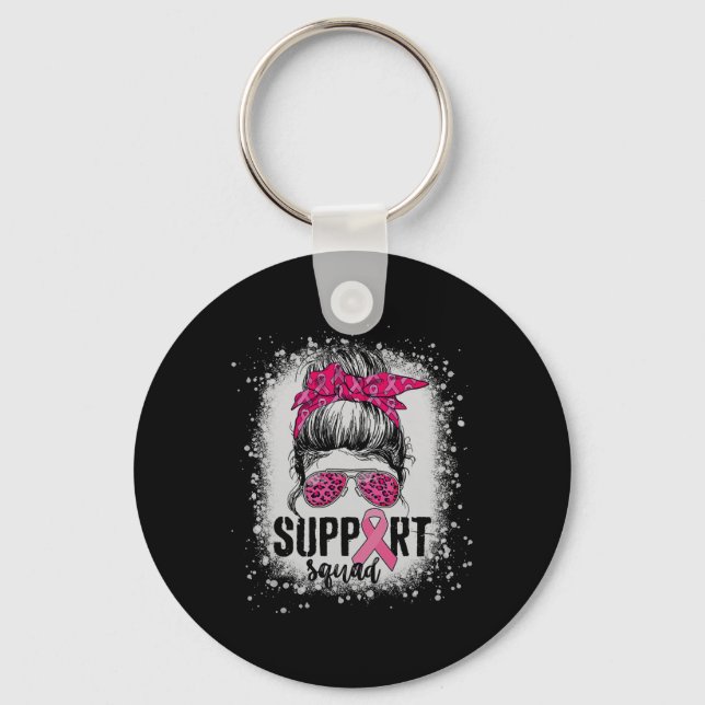 Support Squad Messy Bun Pink Warrior Breast Cancer Key Ring (Front)
