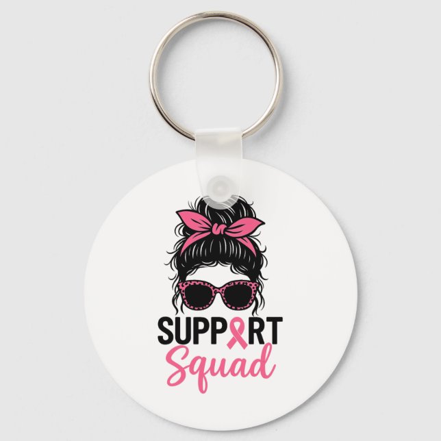 Support Squad Messy Bun Pink Warrior Breast Cancer Key Ring (Front)