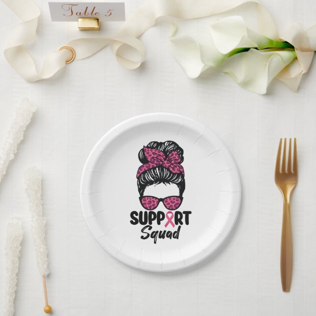Support Squad Messy Bun Pink Warrior Breast Cancer Paper Plate (Wedding)